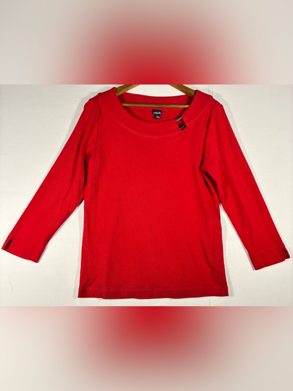 Rafaella Women’s M Red Long Sleeve Keyhole Cotton Top with GunMetal Accent